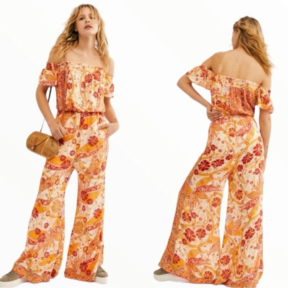 Free People Carmen Off The Shoulder Jumpsuit Medium Golden Gate Boho Festival - Picture 4 of 6